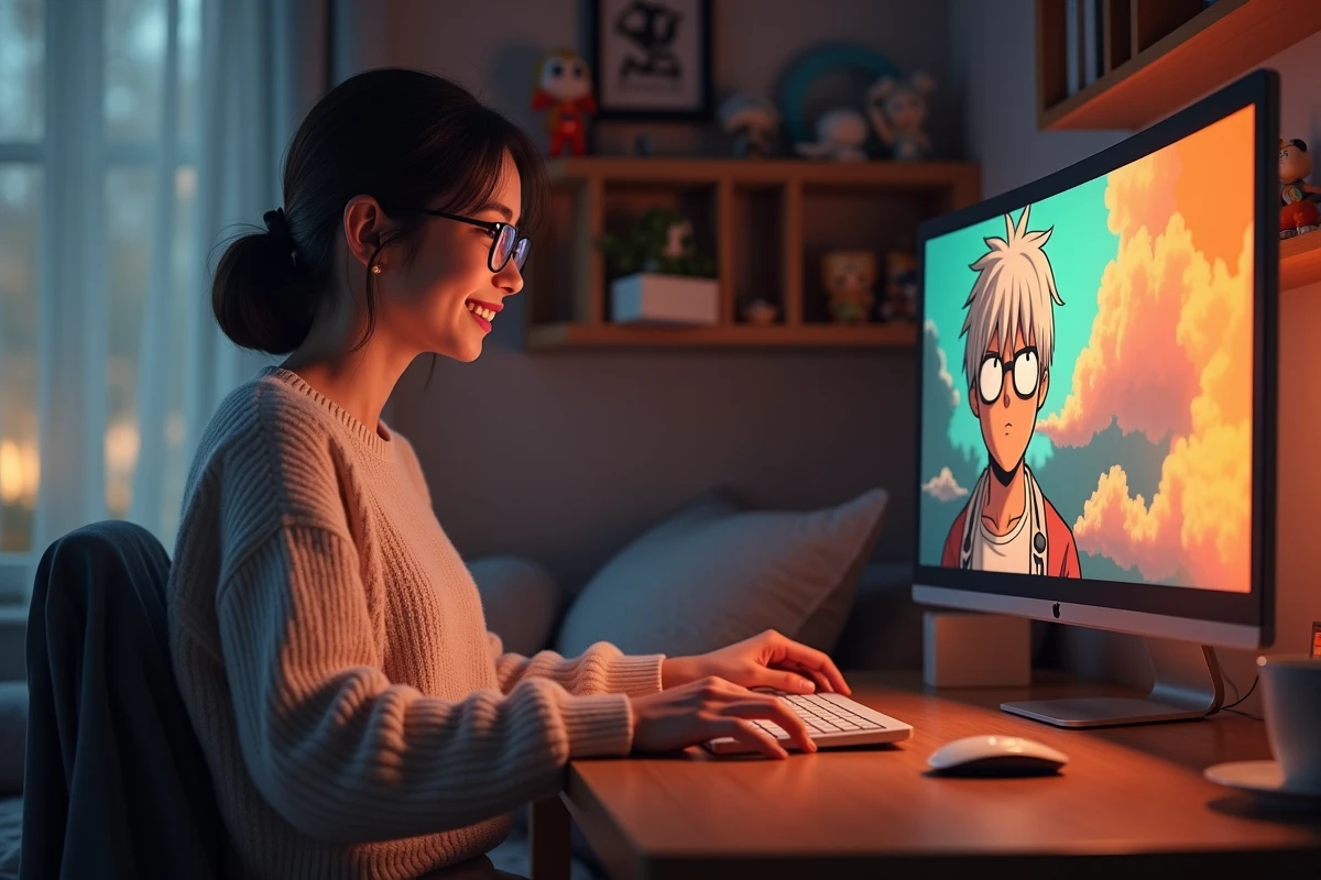 Jeune femme regardant un scantrad sur son ordinateur dans sa chambre