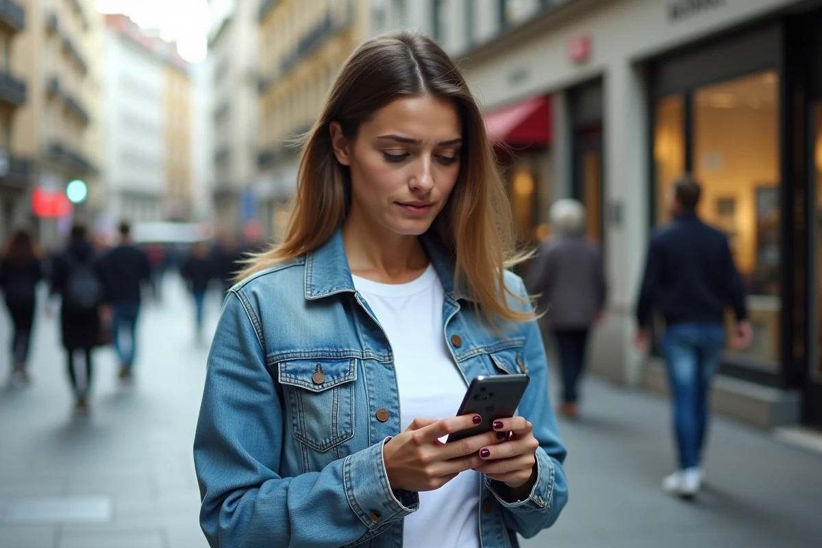 Jeune femme dans la rue bloquant un numéro inconnu avec l'indicatif +34 sur son téléphone mobile
