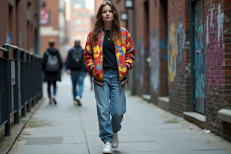 Jeune femme en bomber et jeans dans la rue urbaine