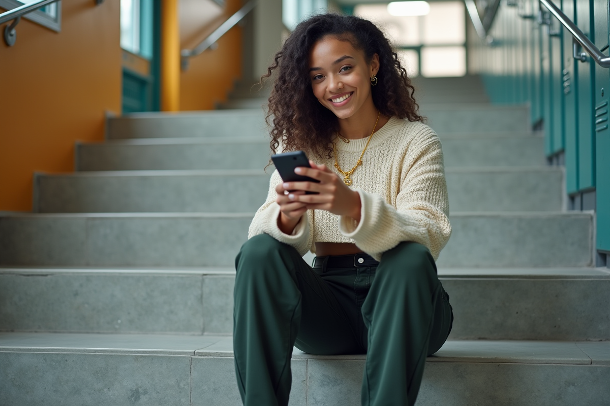 Jeune fille confiante au lycée utilisant son smartphone