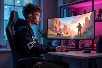 Jeune homme concentré sur son setup gaming à la maison
