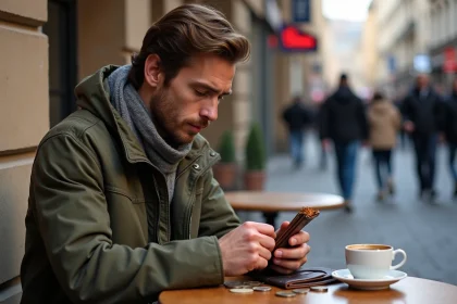Jeune homme examinant un pouch de tabac en rue