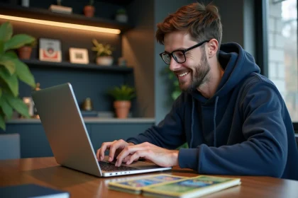 Jeune homme en hoodie code des cartes Pokémon sur son ordinateur