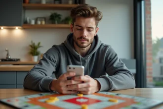Jeune homme concentré jouant à Monopoly Go à la maison