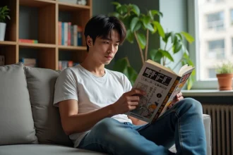 Jeune homme lisant un manga One Punch Man sur un sofa