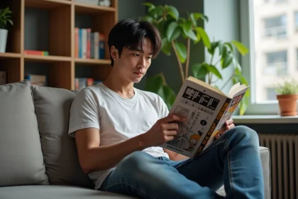 Jeune homme lisant un manga One Punch Man sur un sofa