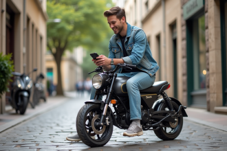 Jeune homme souriant avec moto Dax en ville de Dax