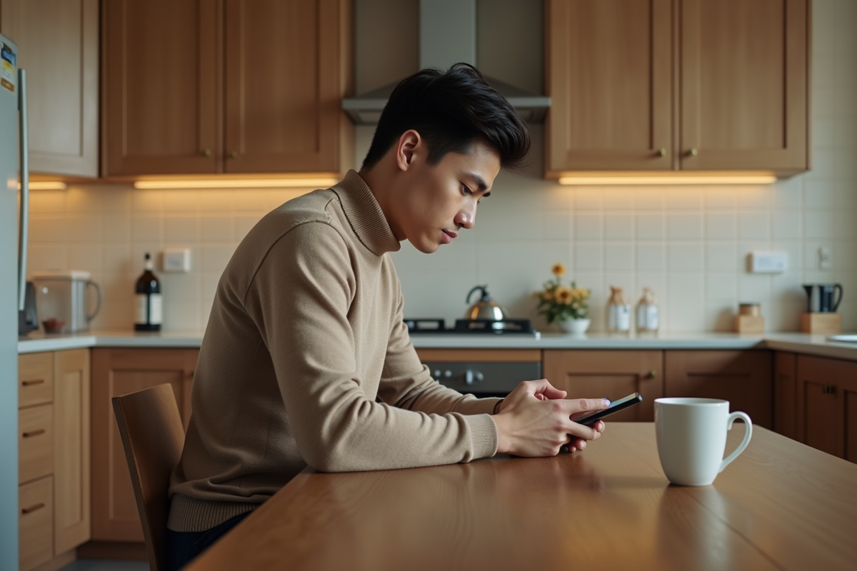 Jeune homme pensif regardant son téléphone dans la cuisine