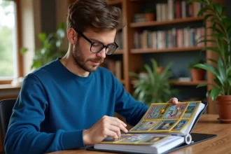 Jeune homme concentré examinant une carte Pokémon holographique