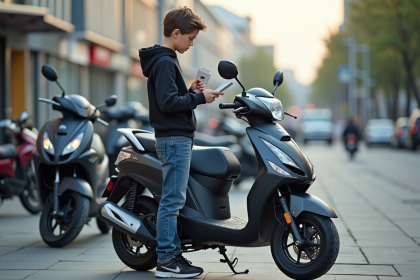 Jeune garçon avec scooter en ville devant un showroom