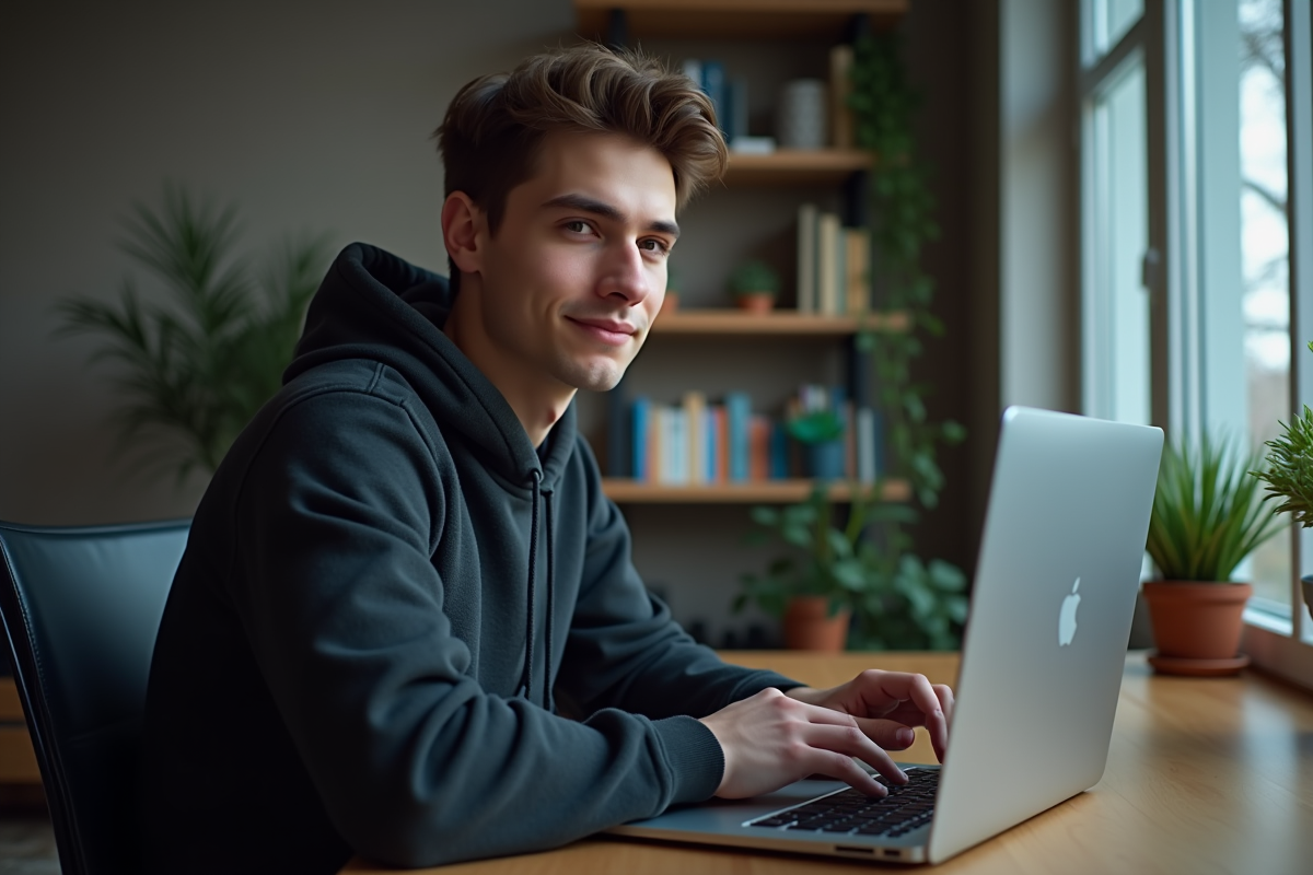 Jeune homme en hoodie travaillant sur son ordinateur à domicile