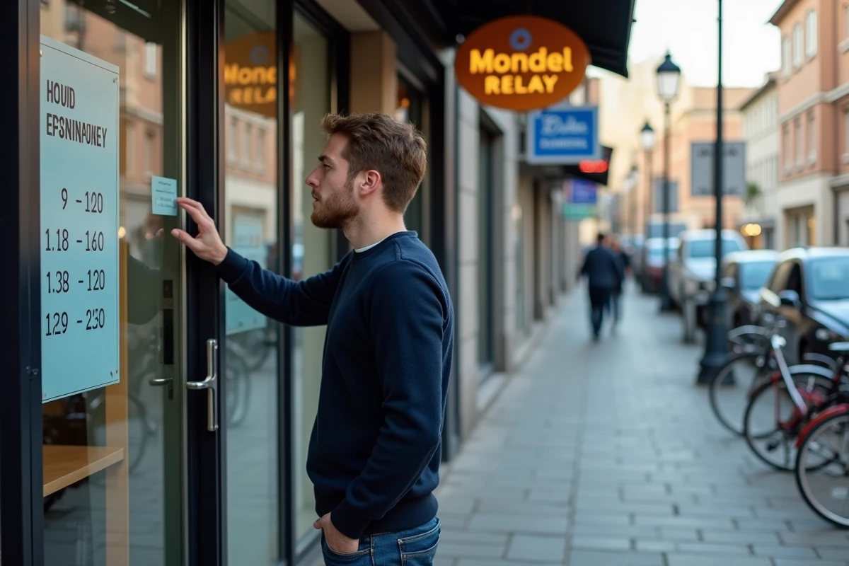 Jeune homme vérifiant les horaires devant une boutique Mondial Relay