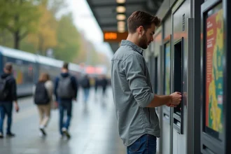 Jeune voyageur retirant de l'argent à un distributeur en Europe
