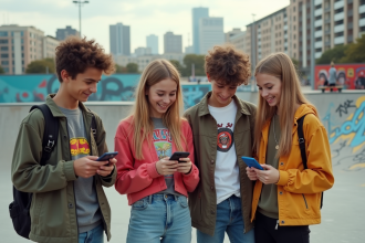 Groupe de jeunes stylés au skatepark urbain en 2025