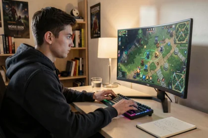 Joueur de League of Legends concentré devant son setup gaming pour progresser en ranked Émeraude