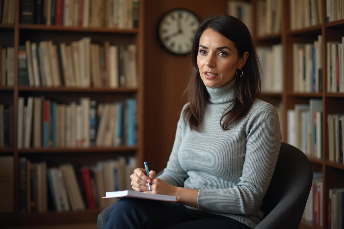 Journaliste d'origine arabe lors d'un entretien dans un bureau éditorial entouré d'archives de presse