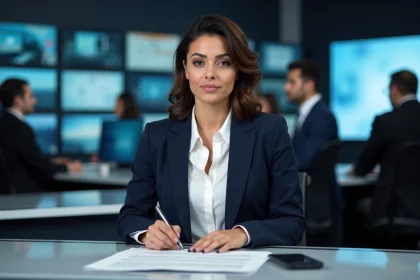 Journaliste française d'origine nord-africaine dans une salle de rédaction télévisée moderne