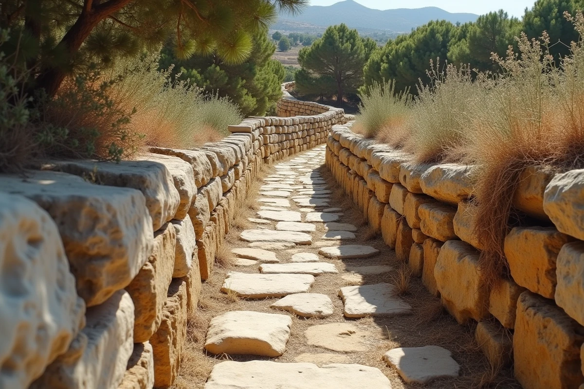 Labyrinthe en pierre antique dans un site archéologique grec évoquant le mythe de Thésée et du Minotaure