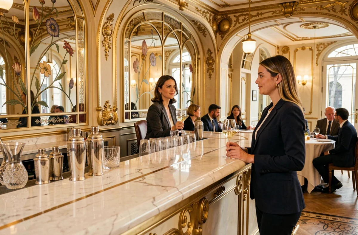 Le Palais à Nancy, élégant bar Art Nouveau avec décor doré, moulures ornées et clientèle chic dans un cadre raffiné