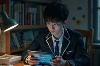 Jeune homme lisant un webtoon sur tablette entouré de mangas, illustrant l'engouement pour The Fox-Eyed Villain of the Demon Academy