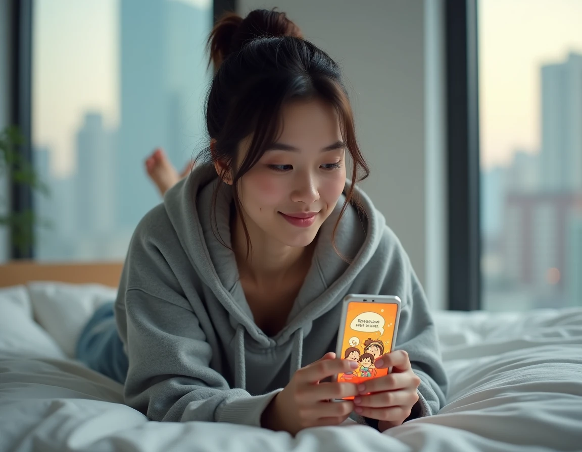 Jeune femme lisant un webtoon sur smartphone dans un appartement moderne, représentant la popularité des webtoons comme Fox-Eyed Villain