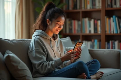 Jeune femme lisant des mangas sur smartphone avec l'application Crunchyscan dans un appartement cosy