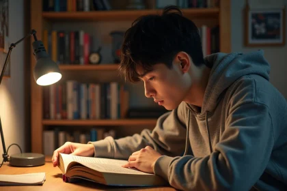 Jeune homme lisant un tome de manga One Piece sur son bureau entouré de volumes de mangas