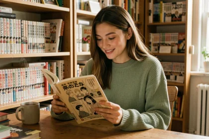 Jeune femme lisant un manga yaoi en version française à son bureau entouré de volumes de manga