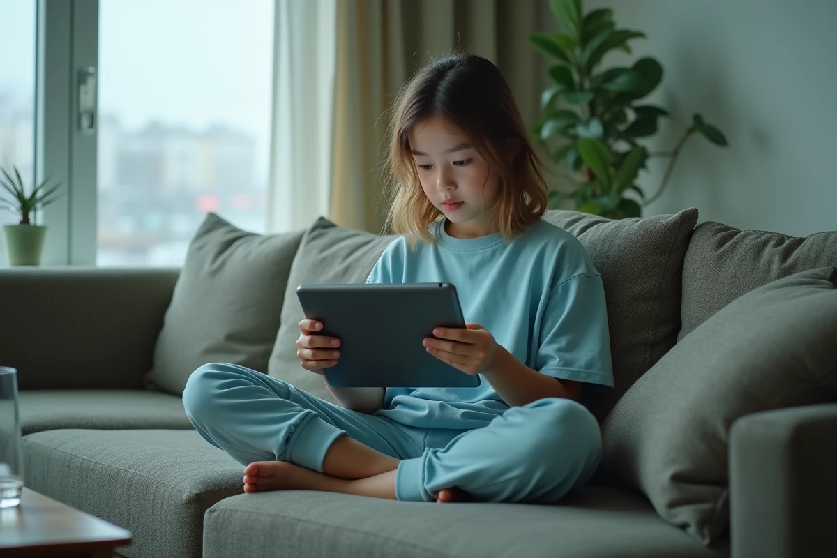 Adolescente lisant One Piece en ligne sur une tablette confortablement installée dans son salon