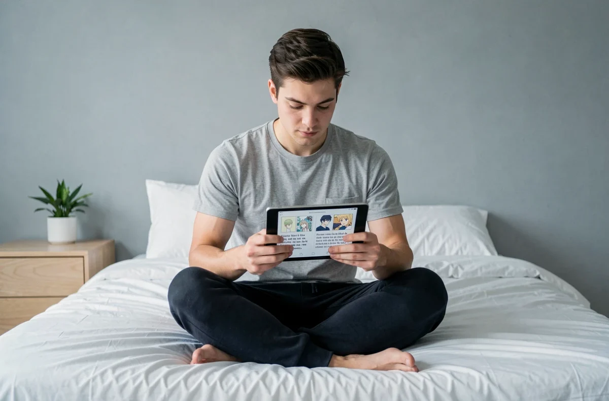 Jeune homme lisant des scans de yaoi en VF sur une tablette dans sa chambre minimaliste