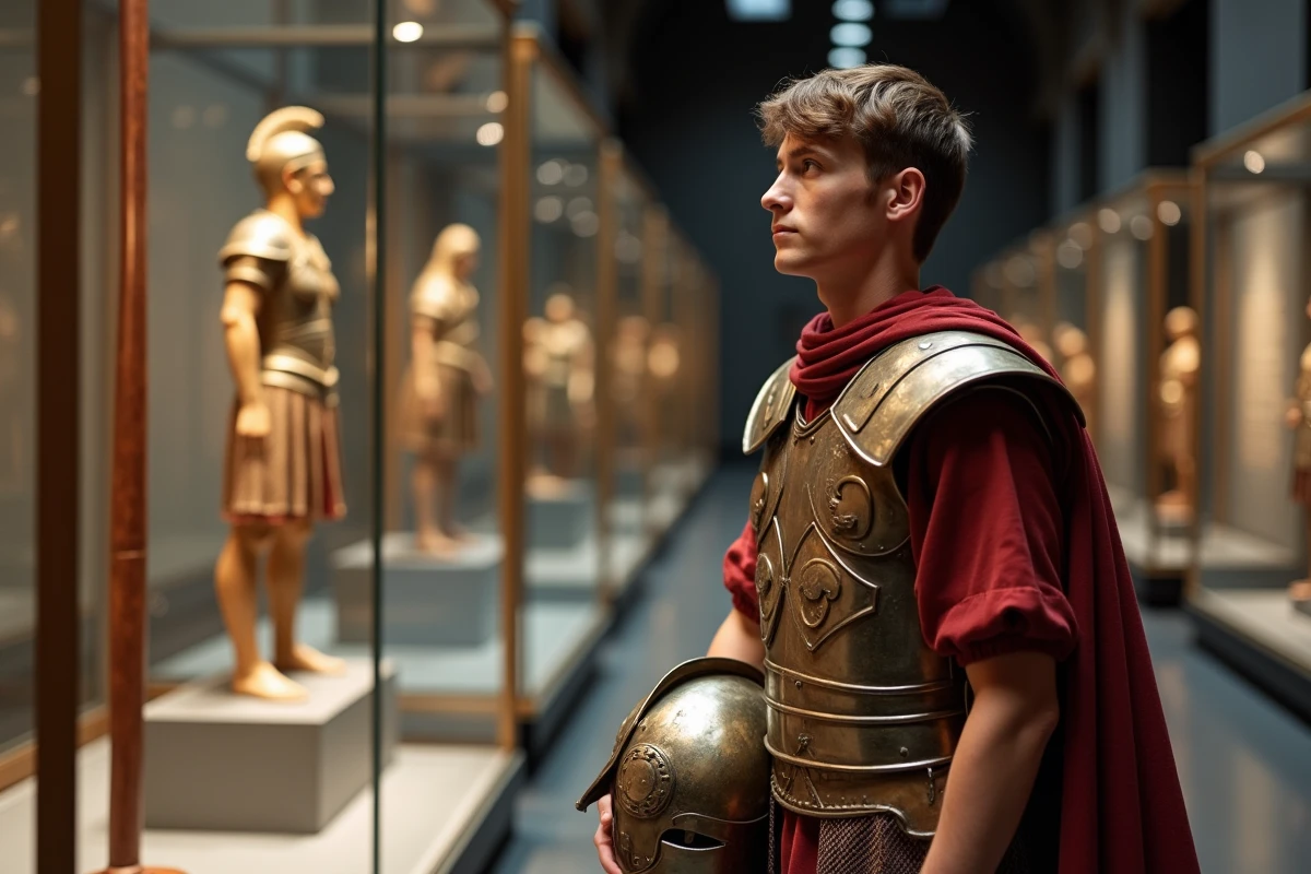 Homme en costume de légionnaire romain tenant un casque galea face à un étendard SPQR dans un musée