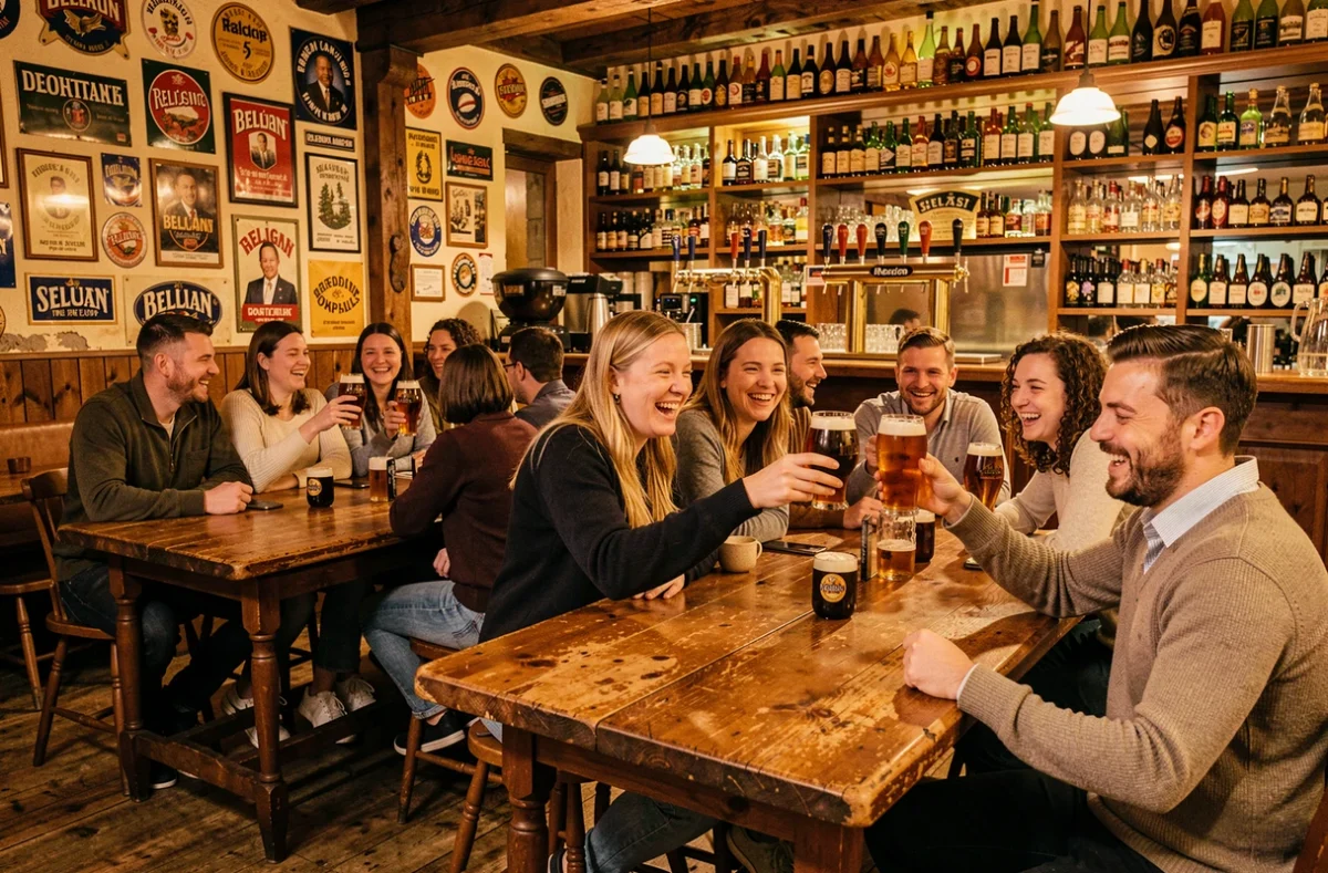 Les Berthom à Strasbourg, ambiance brasserie conviviale avec tables en bois, bières belges à la pression et groupes d'amis