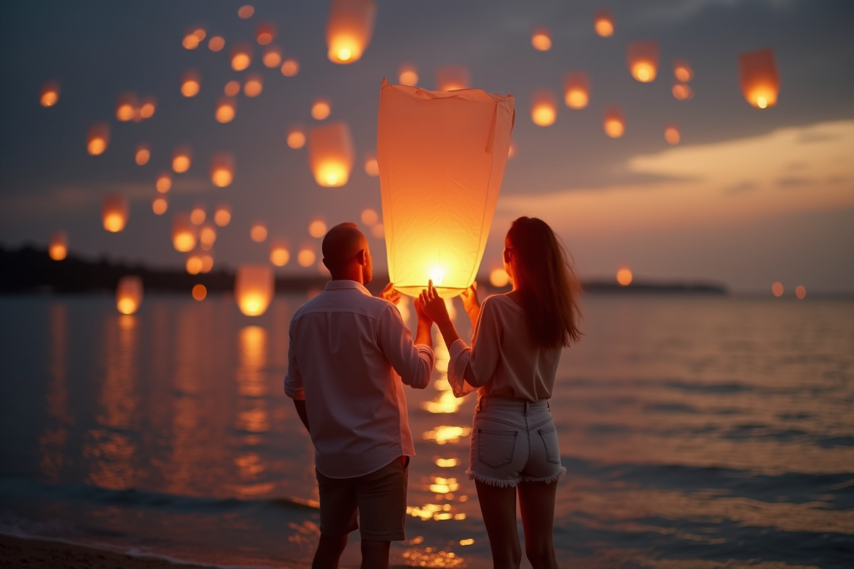 Couple libérant des lanternes biodégradables sur la plage au crépuscule