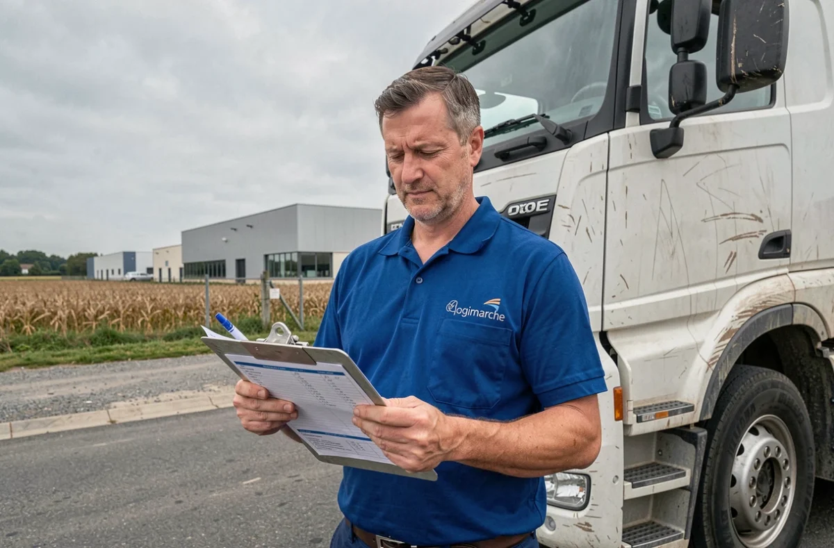 Chauffeur Logimarche Déménagements devant un camion logistique sur une zone industrielle en Vendée