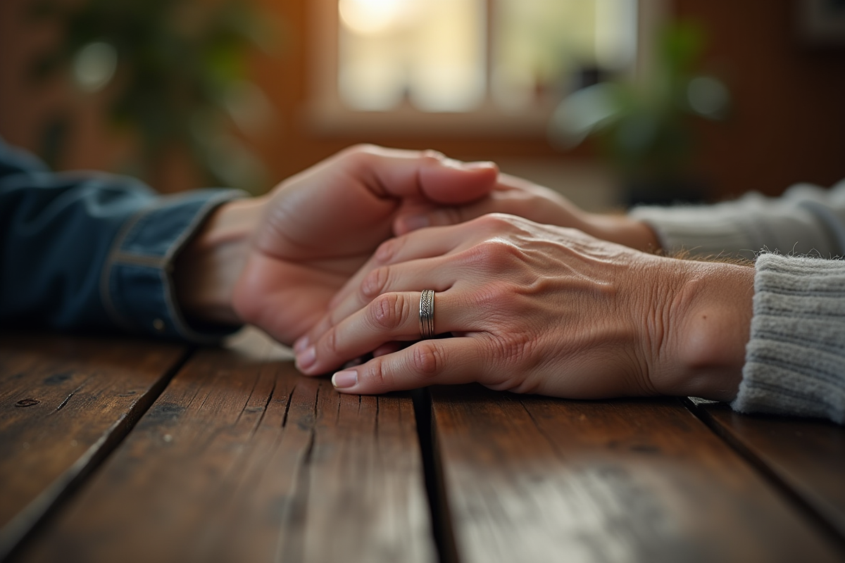 Mains de seniors entrelacees avec bagues de mariage