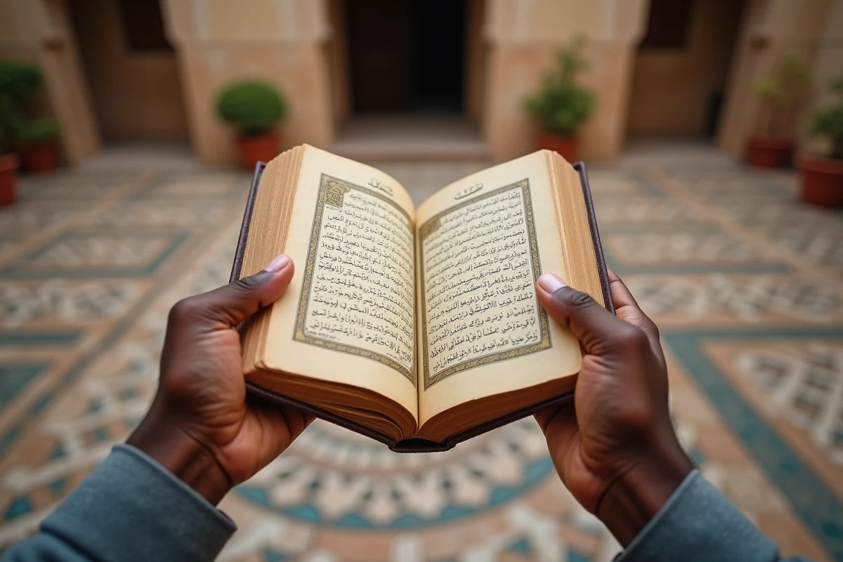 Gros plan de mains tenant un Coran ouvert sur les versets de la Baqara dans une cour de mosquée