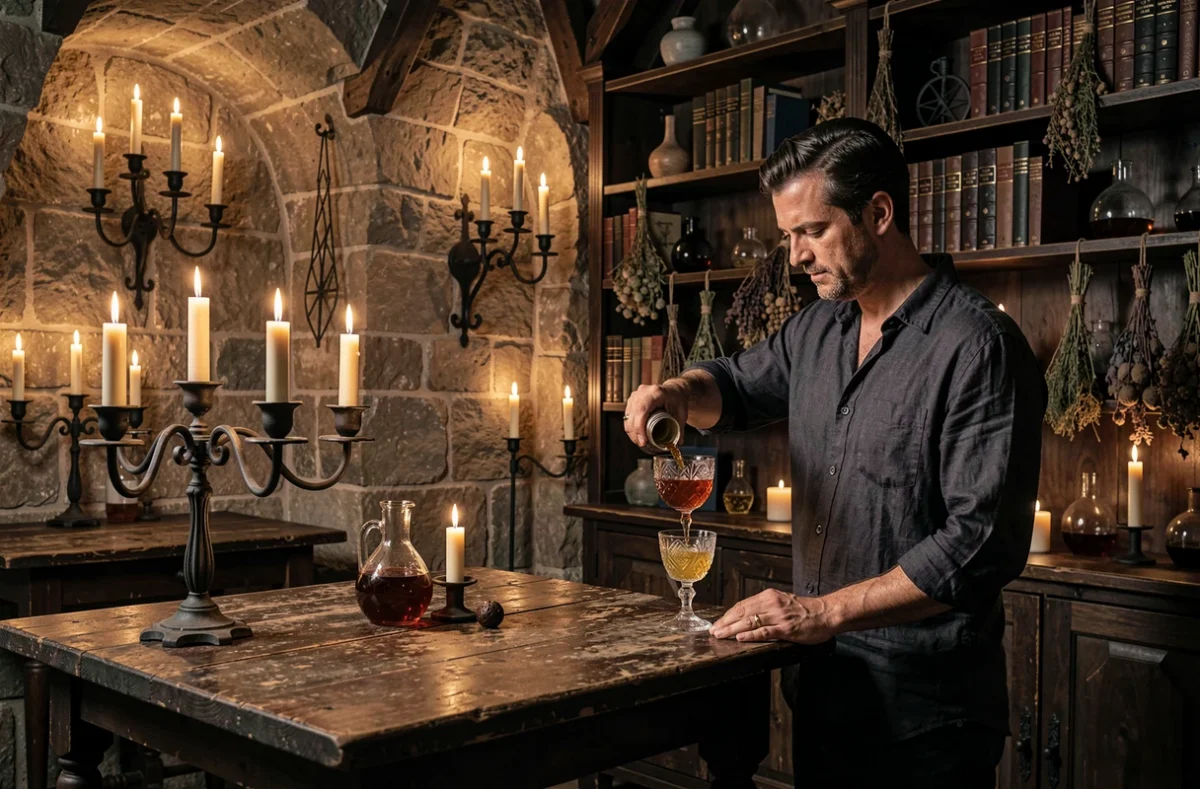 Intérieur sombre et médiéval du bar Le Malléus Maleficarum à Strasbourg avec décor gothique, chandeliers et cocktails artisanaux