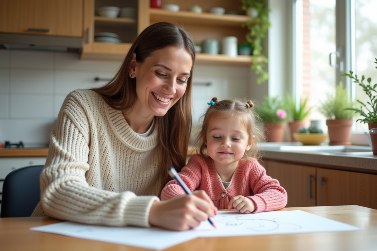 Maman souriante avec sa fille dessinant à la cuisine