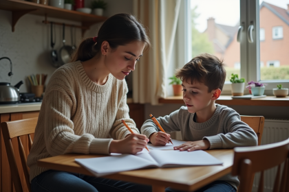 Femme aidant son enfant à faire ses devoirs à la maison