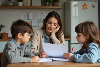 Maman attentive avec ses enfants à la maison