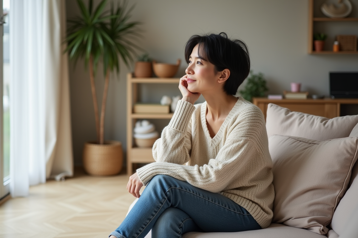 Maman assise près de la fenêtre dans un salon lumineux