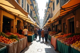 Marché de rue animé dans les quartiers nord de Marseille avec des habitants locaux et des étals colorés de fruits et légumes