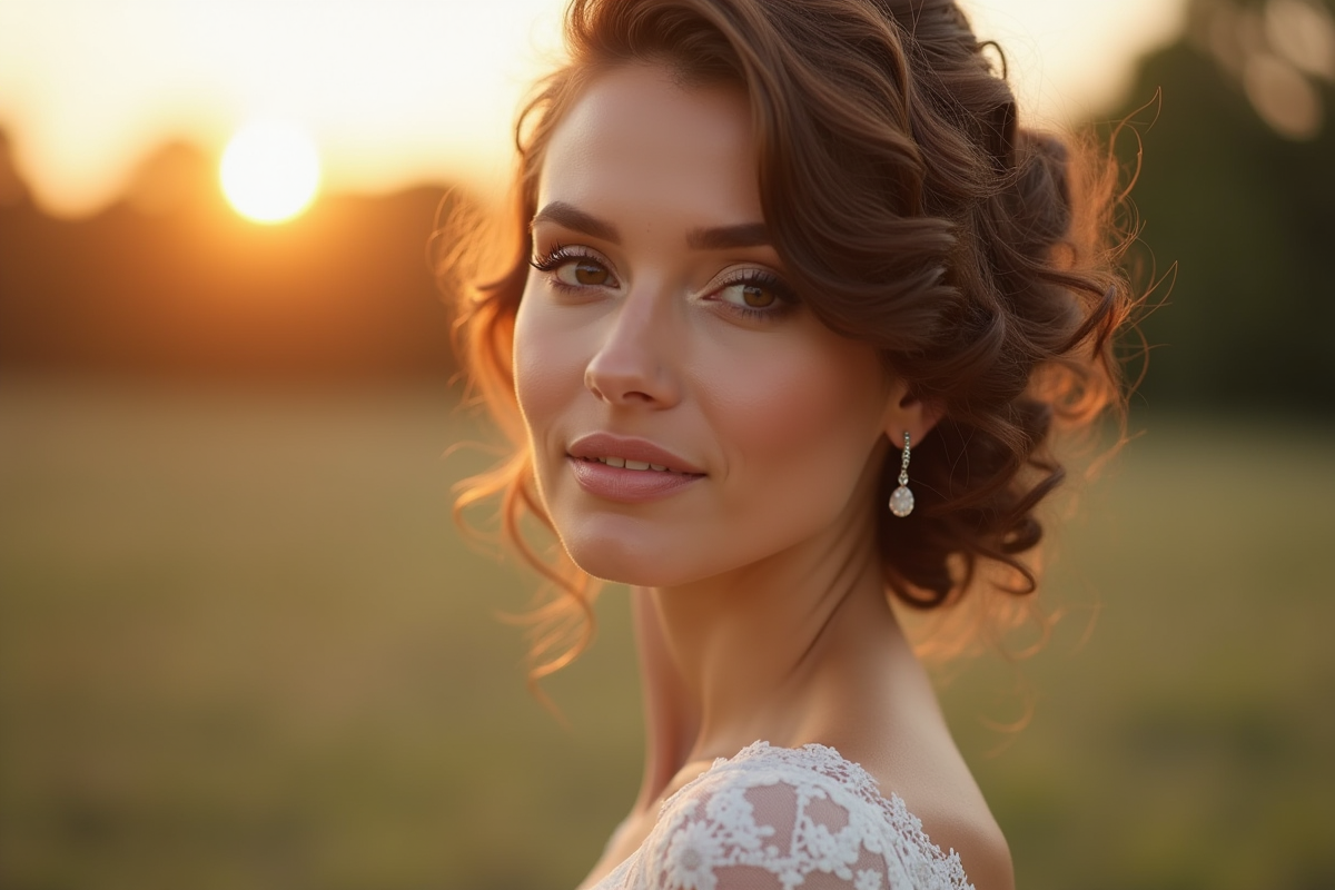 Mariée aux cheveux courts bouclés pour mariage en extérieur