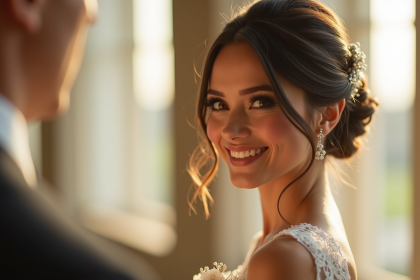 Femme souriante avec coiffure courte élégante pour mariage