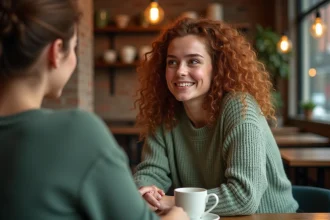 Femme expressive et chaleureuse écoutant attentivement son amie dans un café cosy, illustrant la personnalité MBTI Protagoniste et son rapport à l'amitié