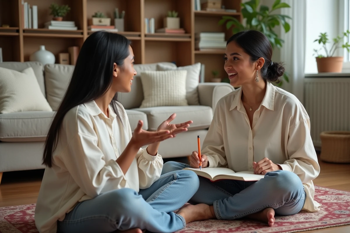 Deux femmes partageant une conversation intime et émotionnelle dans un salon chaleureux, illustrant la capacité d'écoute et d'empathie du Protagoniste MBTI