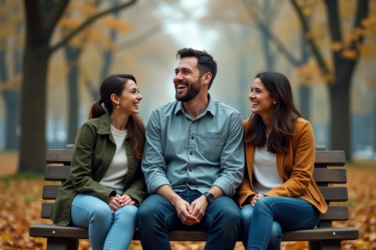 Groupe d'amis riant ensemble sur un banc de parc en automne, représentant les liens sociaux profonds du type MBTI Protagoniste ENFJ