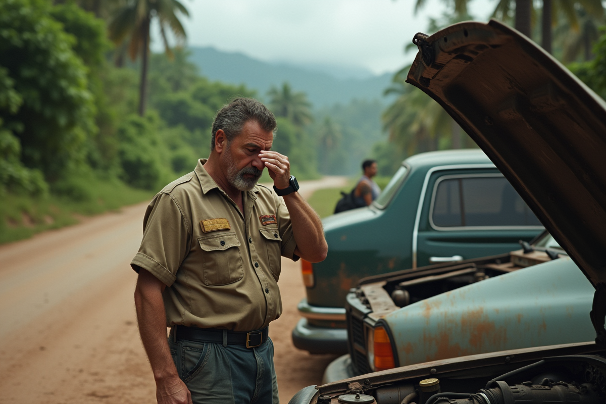Mecanicien inspectant un moteur de voiture en milieu tropical