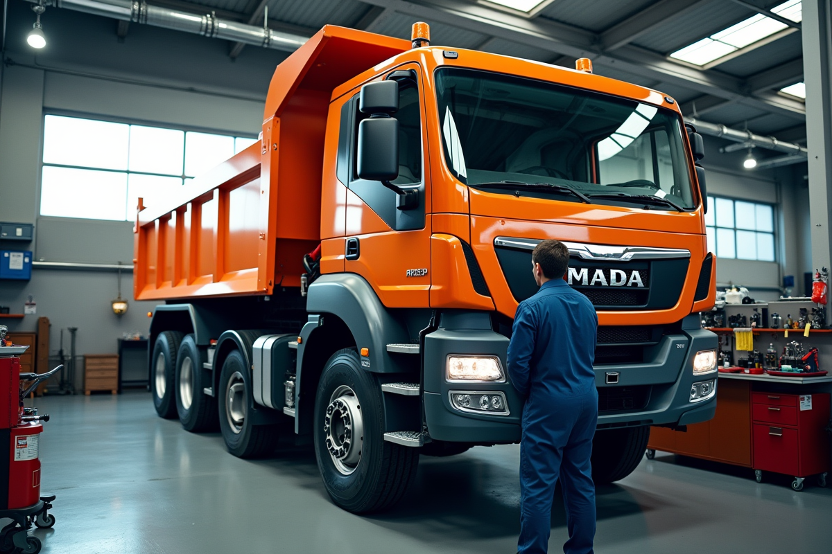 Mecanicien vérifiant un camion orange dans un garage lumineux