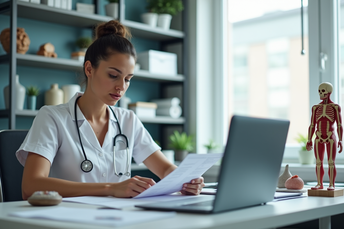 Medecin examinant notes dans un bureau medical moderne